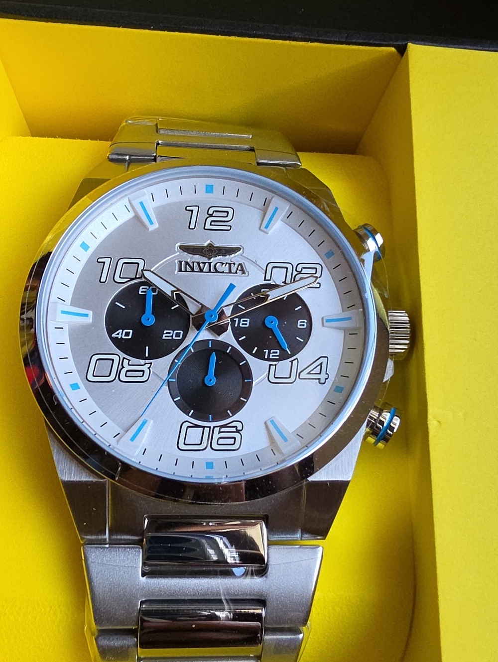 Invicta Speedway Silver Stainless Steel Chronograph Watch with Blue Accents